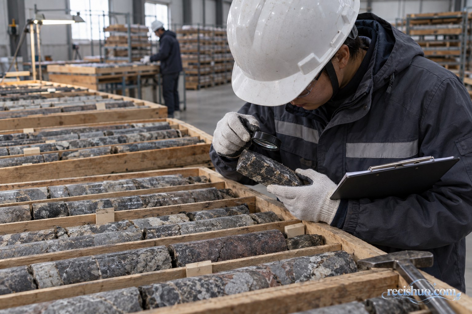 岩芯库内地质技术人员使用放大镜检查岩芯样本的示意画面