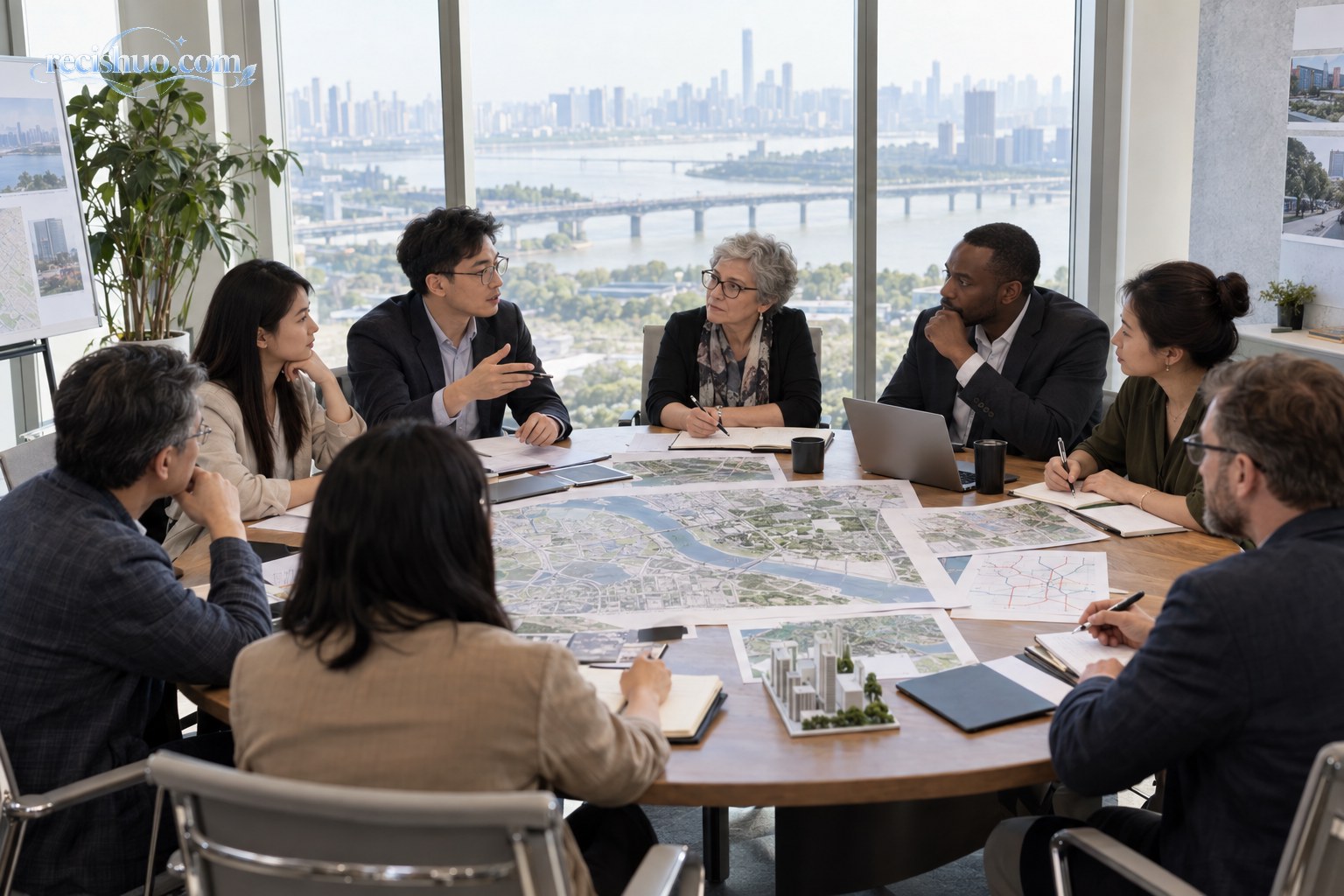不同背景的城市专业人士围绕地图和交通材料进行圆桌讨论