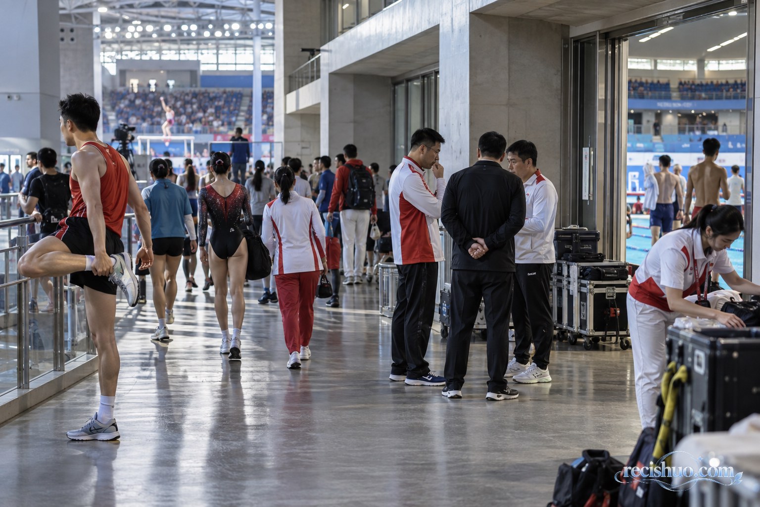 综合体育中心内运动员热身、教练交流并有序转场