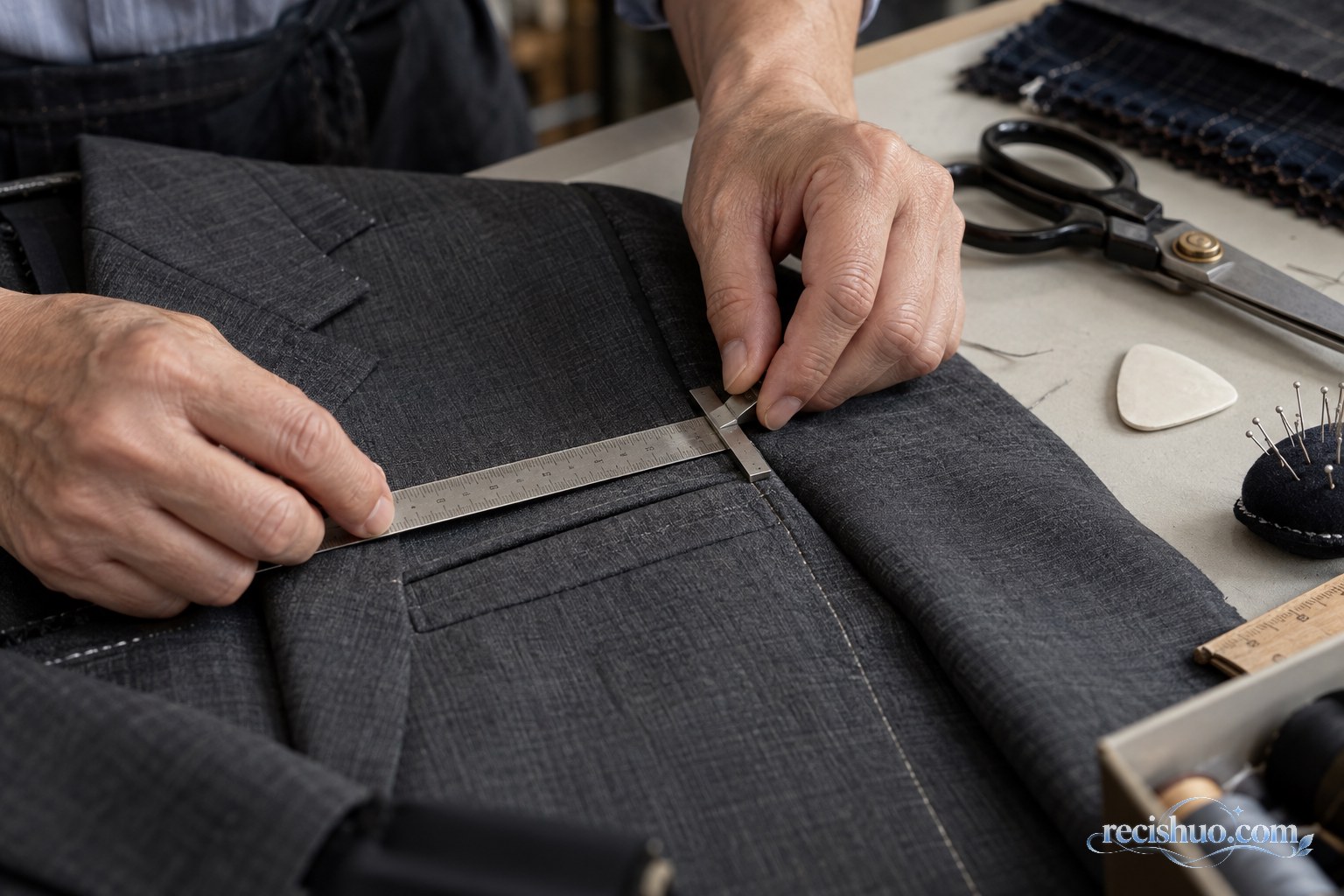 服装质检人员用量具检查西装接缝与纹路对齐情况