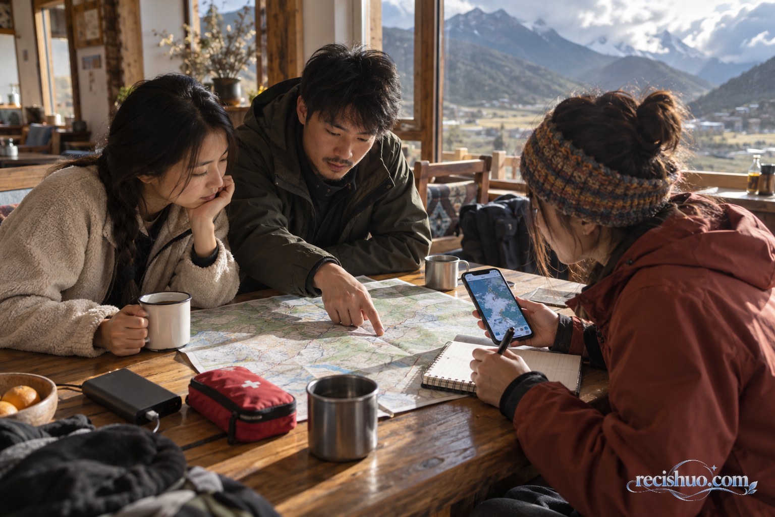 三位好友在川西客栈内借助地图和手机共同规划次日路线