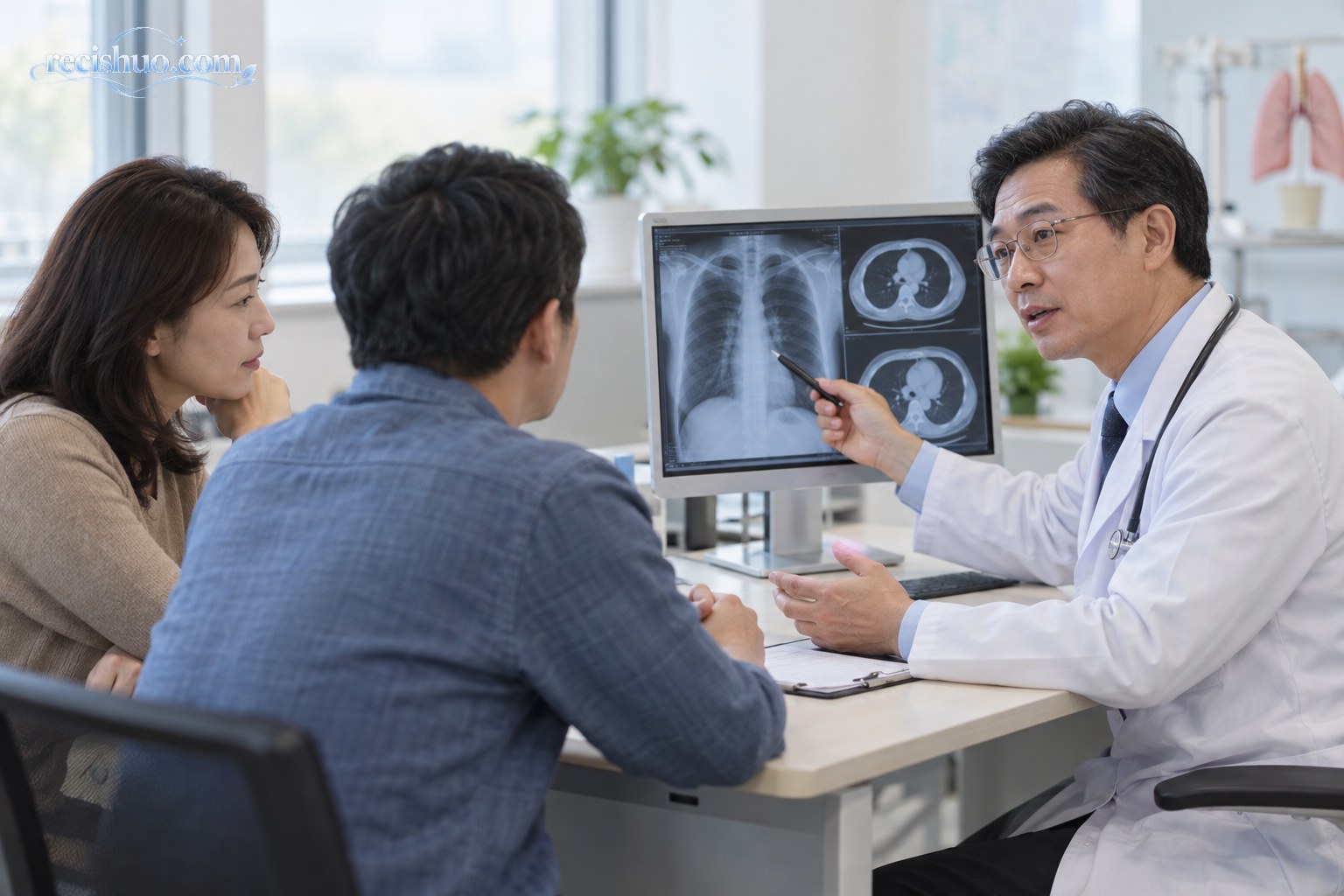 医生在呼吸科诊室向两名成年人讲解肺部影像资料