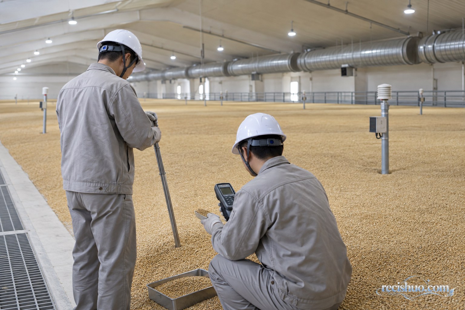 粮库工作人员在现代仓储设施内对粮食进行取样和检测