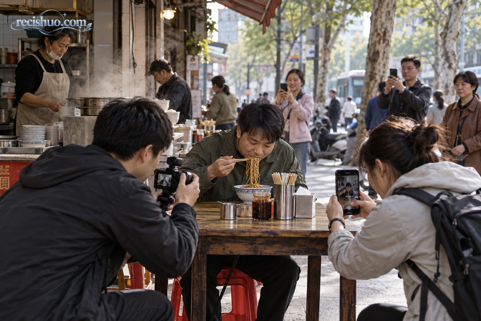 武汉街边早餐店中工作人员和路人从不同位置记录食客吃热干面的场景