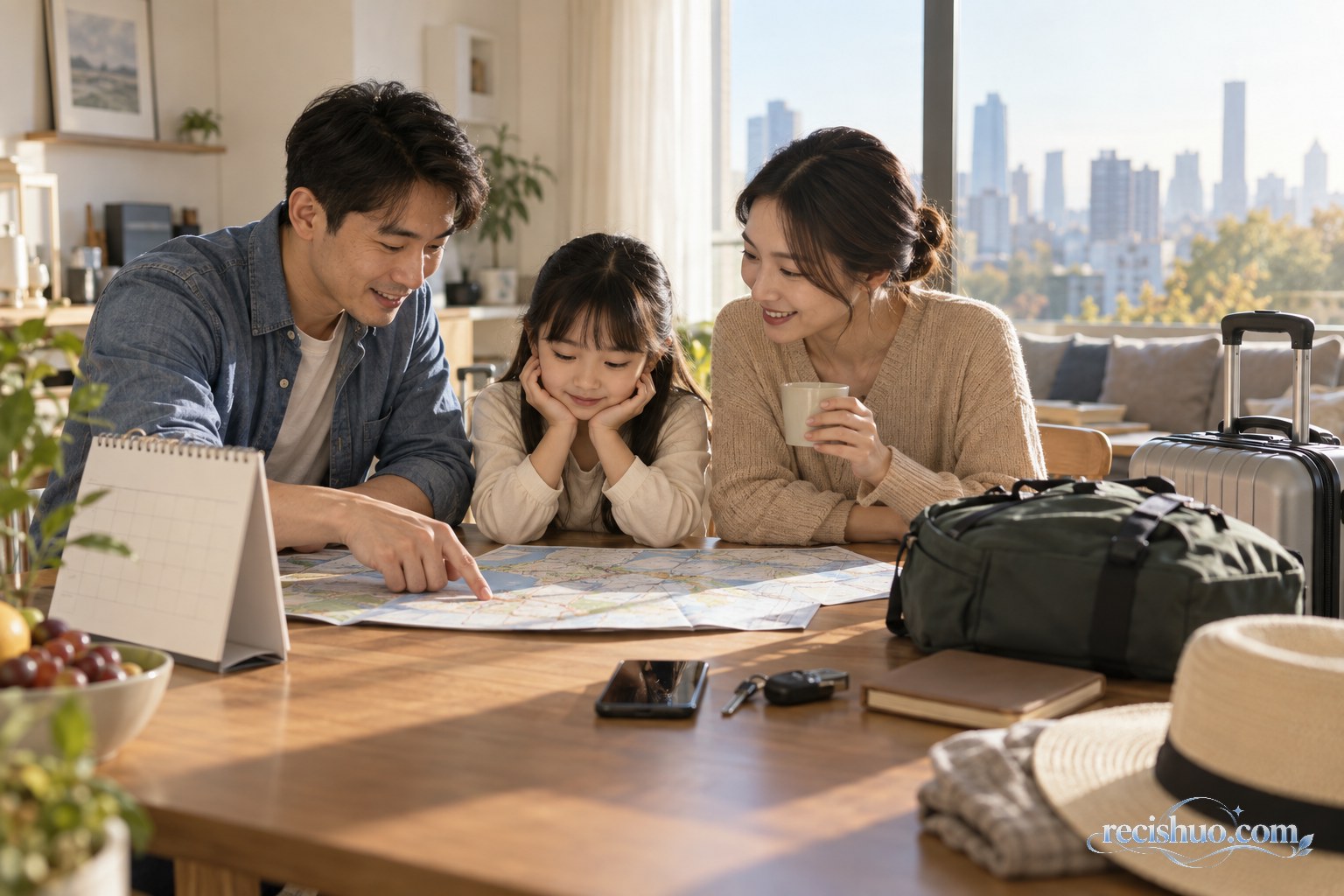 一家三口在家中餐桌旁查看地图并准备假期行李