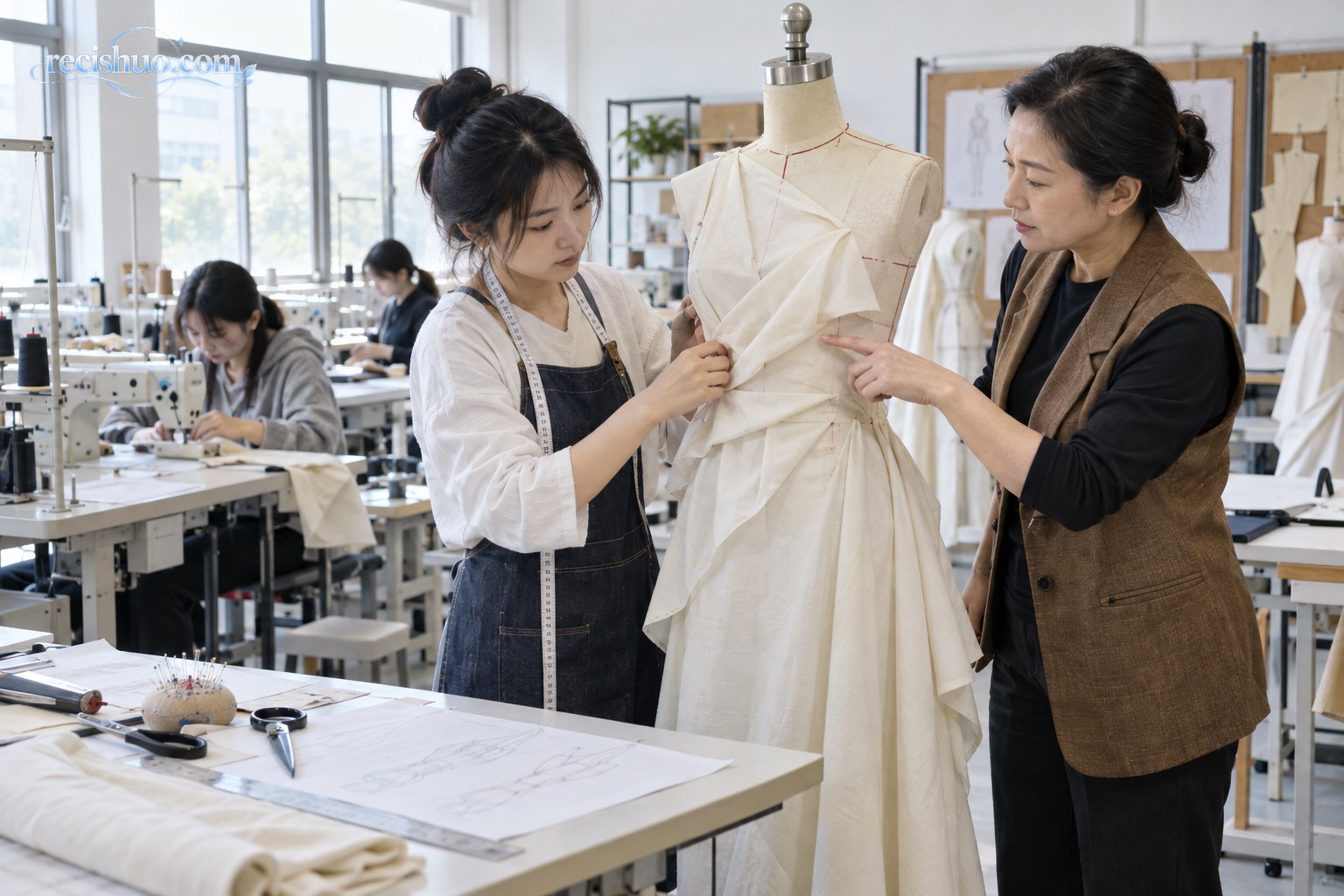 服装技术实训室内,学员在教师指导下进行立体裁剪练习