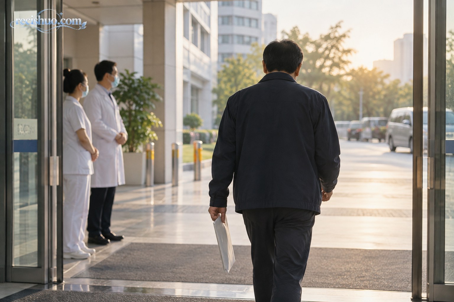 清晨医院出院通道内,一名男子手持资料袋走向自然光的纪实场景