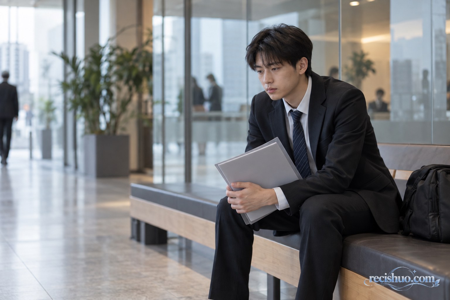 年轻求职者手持简历文件夹坐在办公楼等候区冷静思考