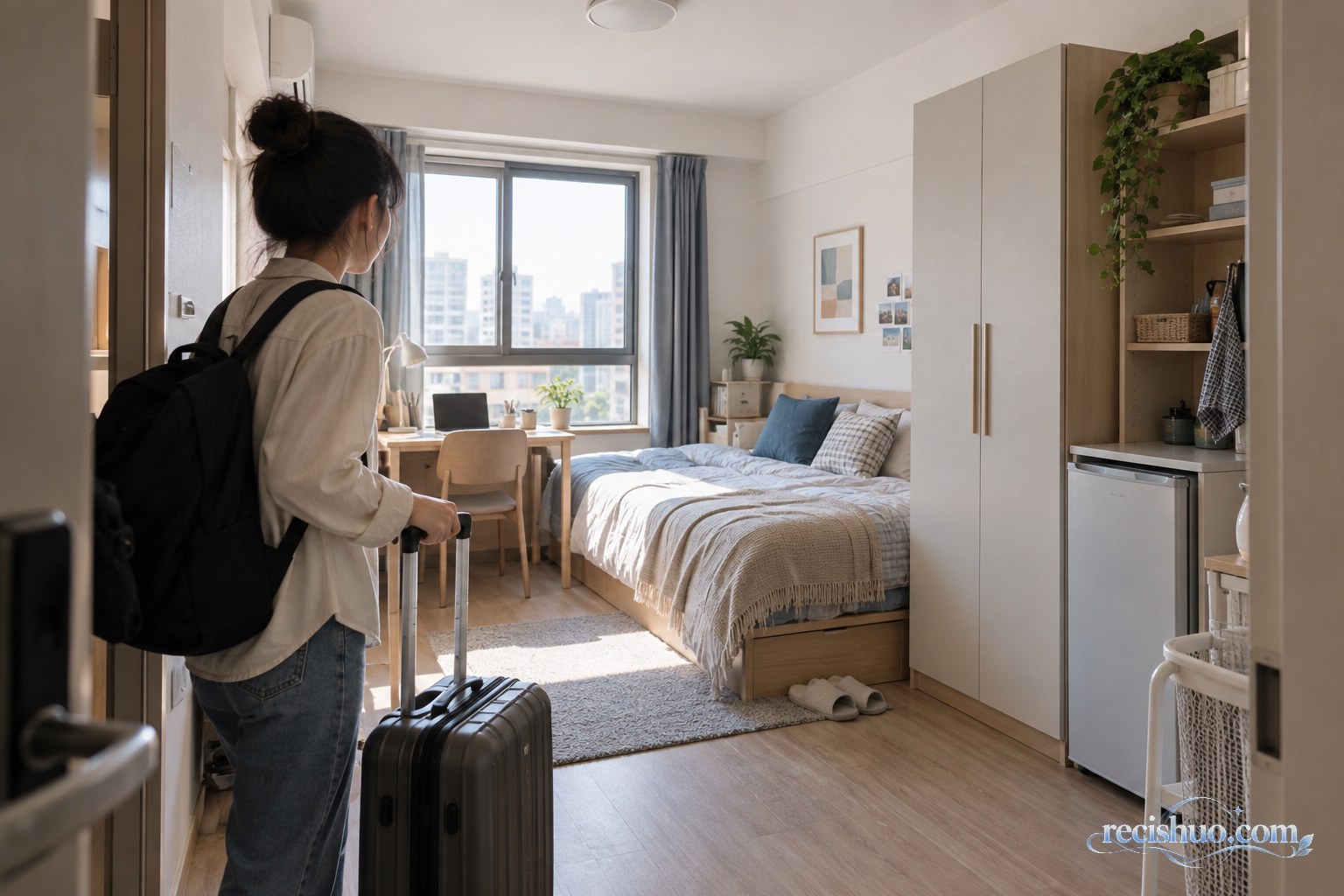 年轻租客在配备基本家具的长租公寓房间内查看居住条件