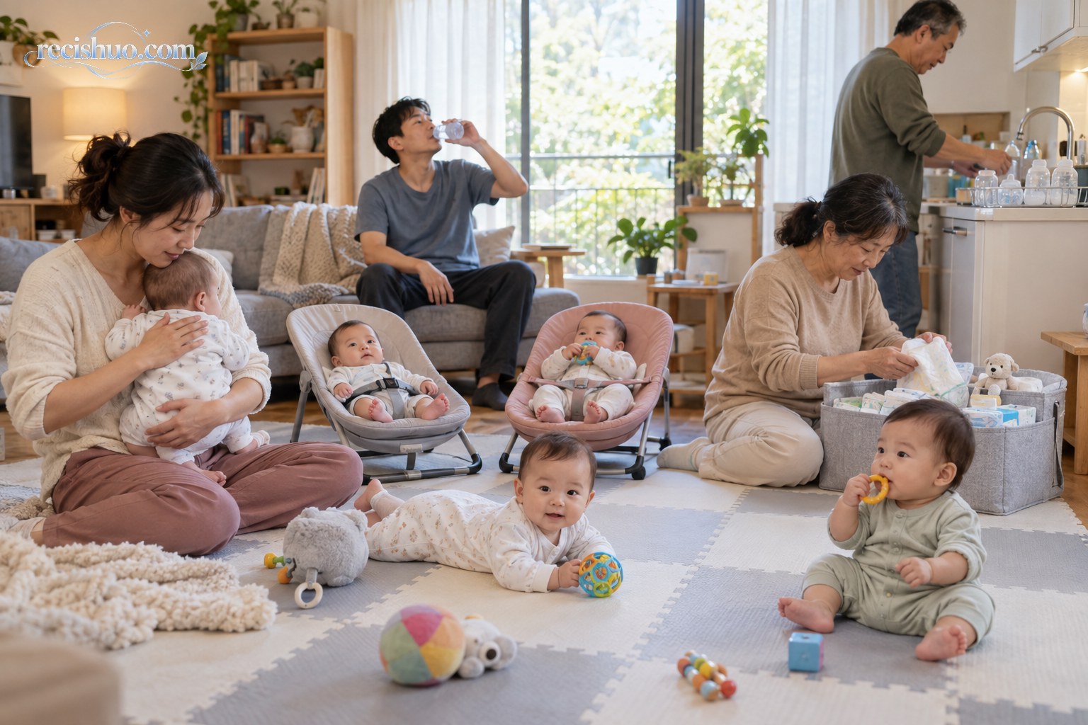一家人分工照顾五名婴儿并安排照护者短暂休息