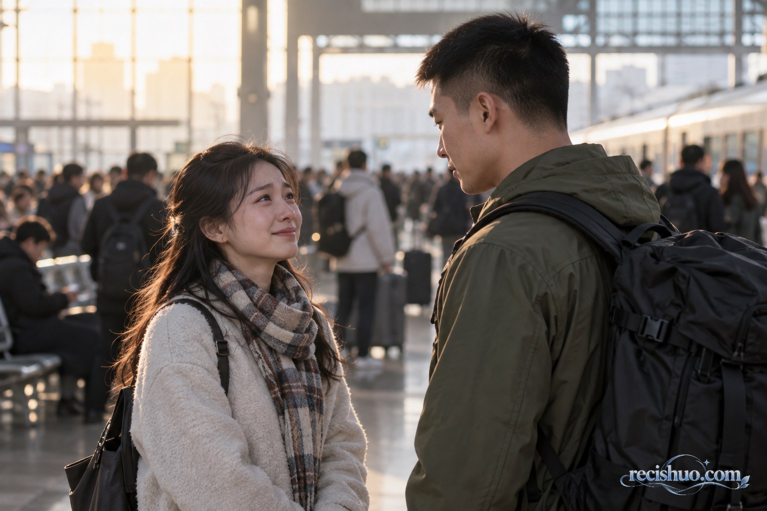 新闻情境配图:车站内背着行囊的哥哥与眼含泪光的妹妹相互道别
