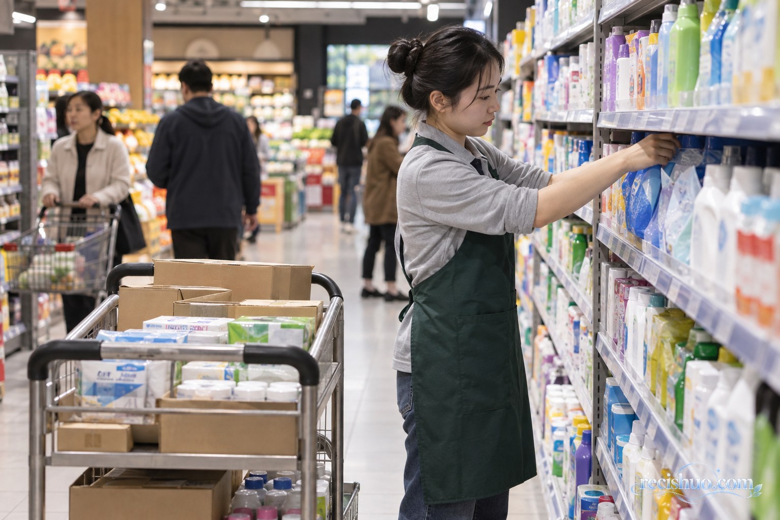 营业中的超市里，理货员使用推车为日用品货架补货