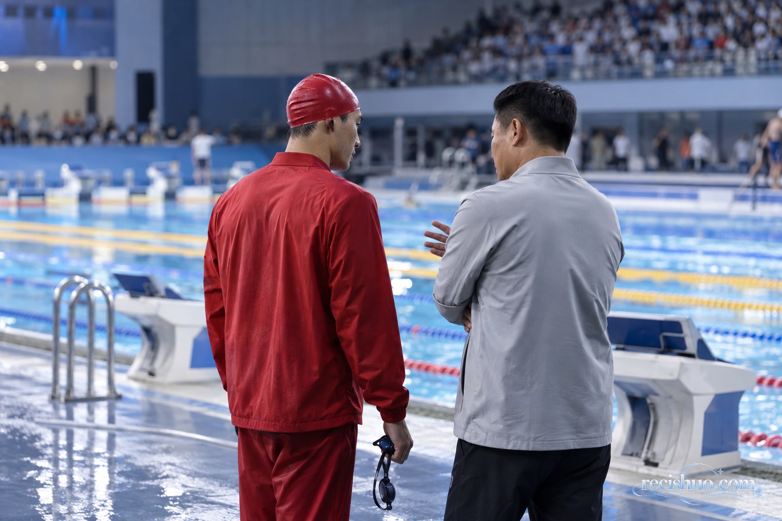 男子游泳选手赛后在泳池边与教练交流