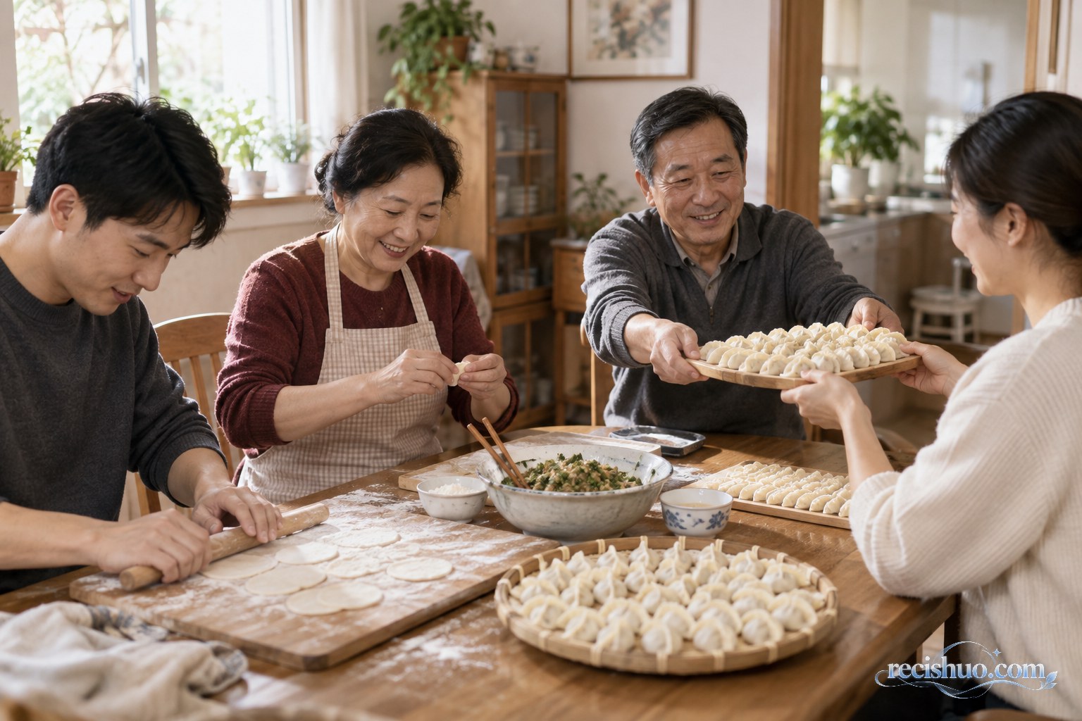 一家人在餐桌旁包饺子并逐步恢复日常相处