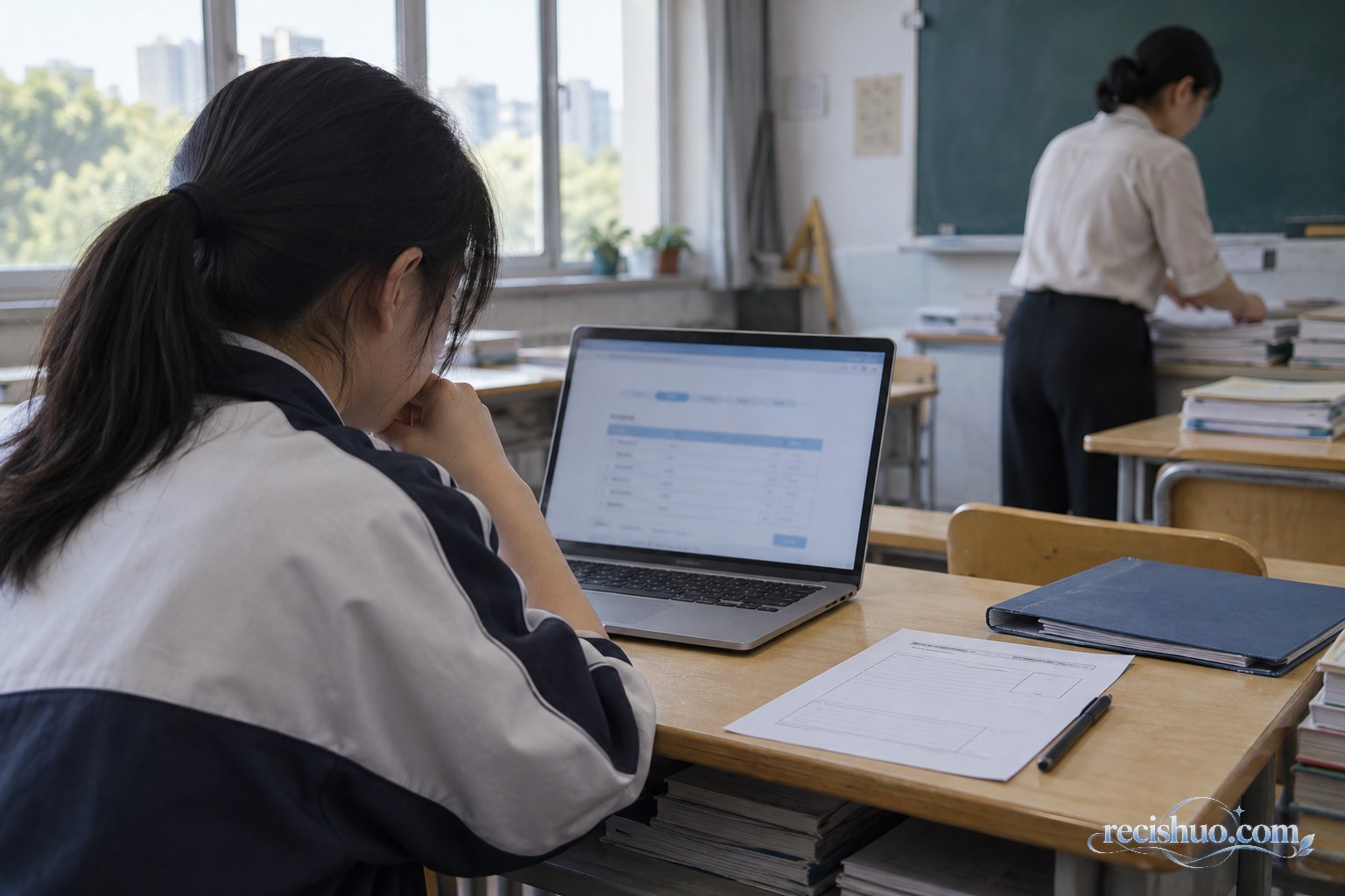 学生在教室里查看志愿填报电脑,班主任在后方整理升学材料