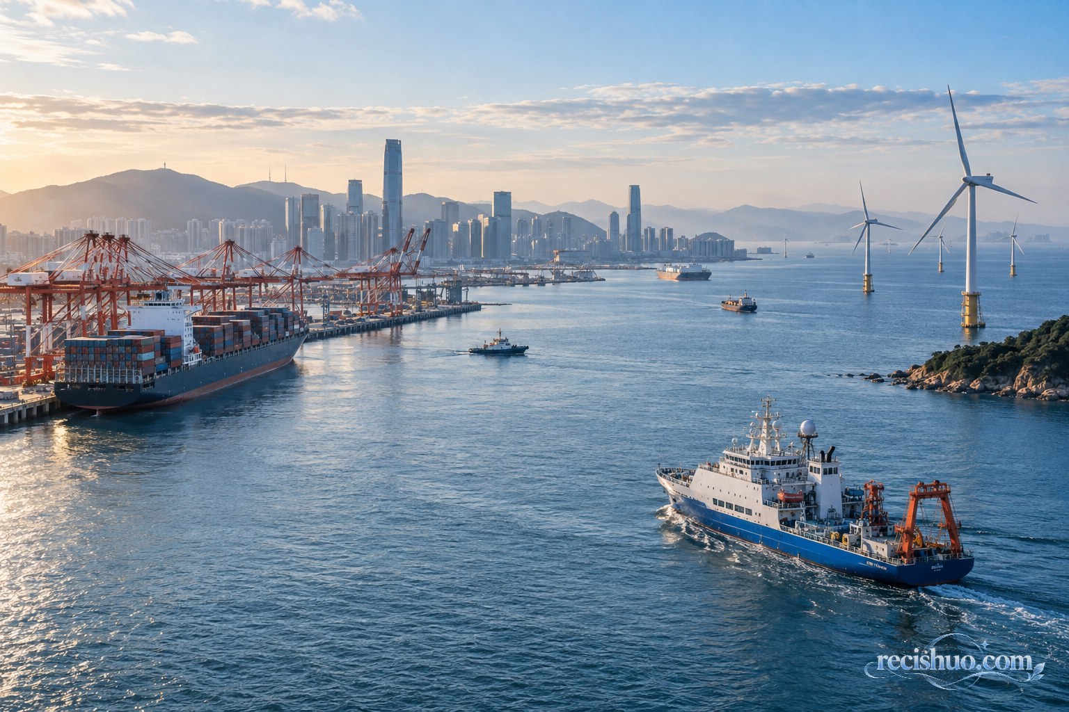现代滨海城市、集装箱港口、科研船与海上风机共同构成的海洋经济场景
