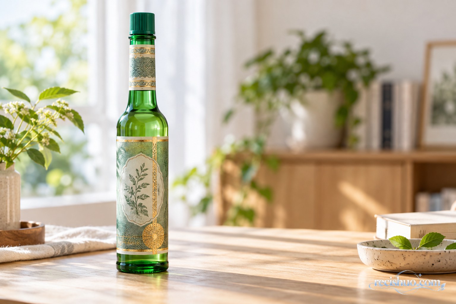 自然光下带有细密纹理和金色装饰标签的绿色玻璃花露水瓶