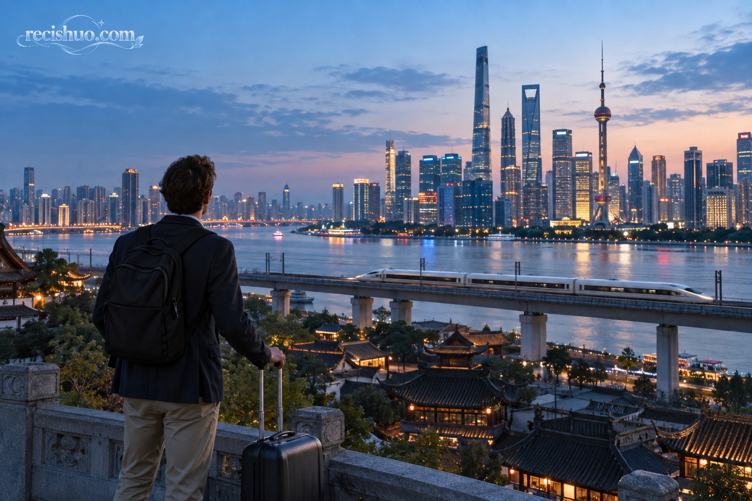 国际旅行者在中国现代城市滨水区眺望天际线与远处高铁
