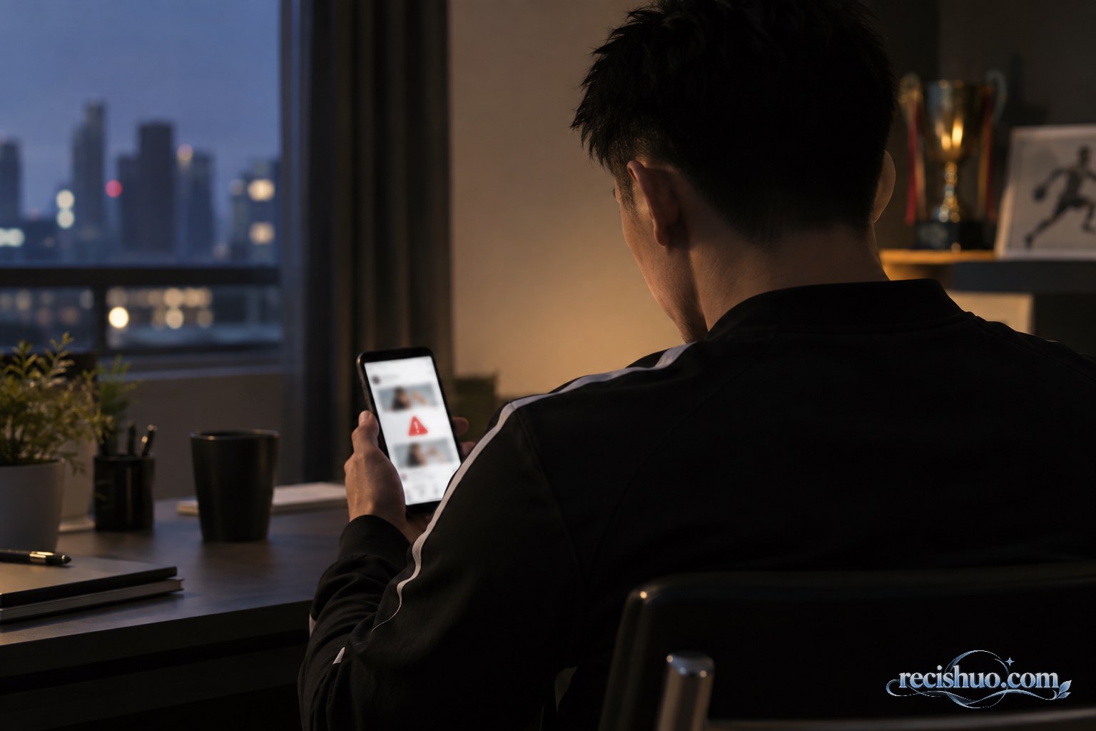 运动员背影在室内查看出现异常提示的社交媒体页面