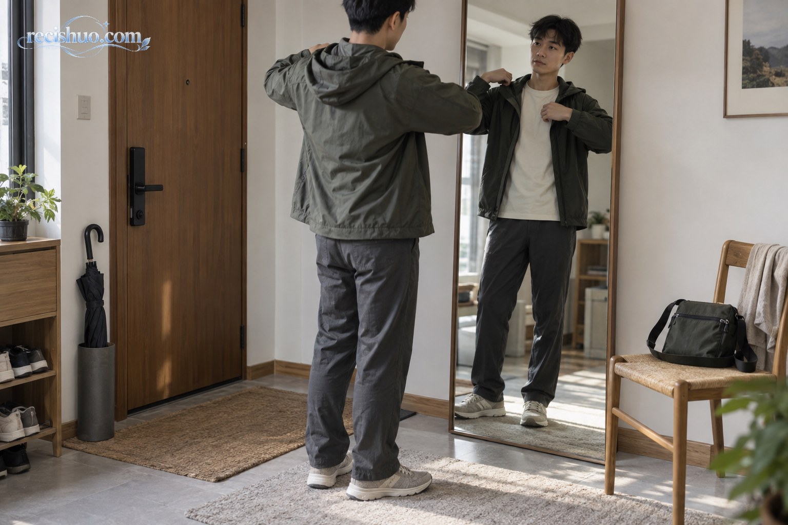 年轻男性在玄关镜前试穿轻薄外套并检查活动舒适度