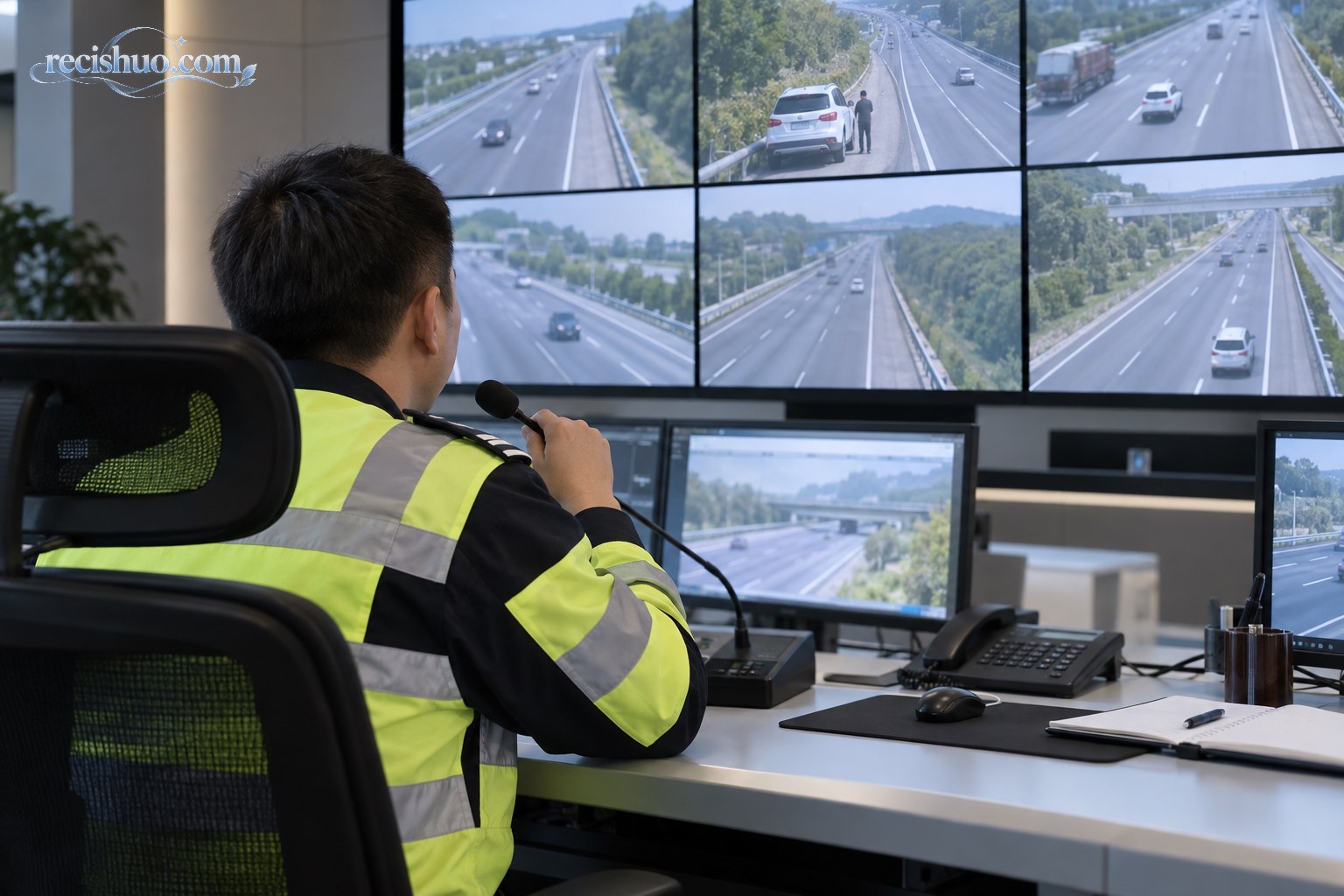 道路监控中心工作人员通过监控画面和麦克风远程提醒故障车乘员避险