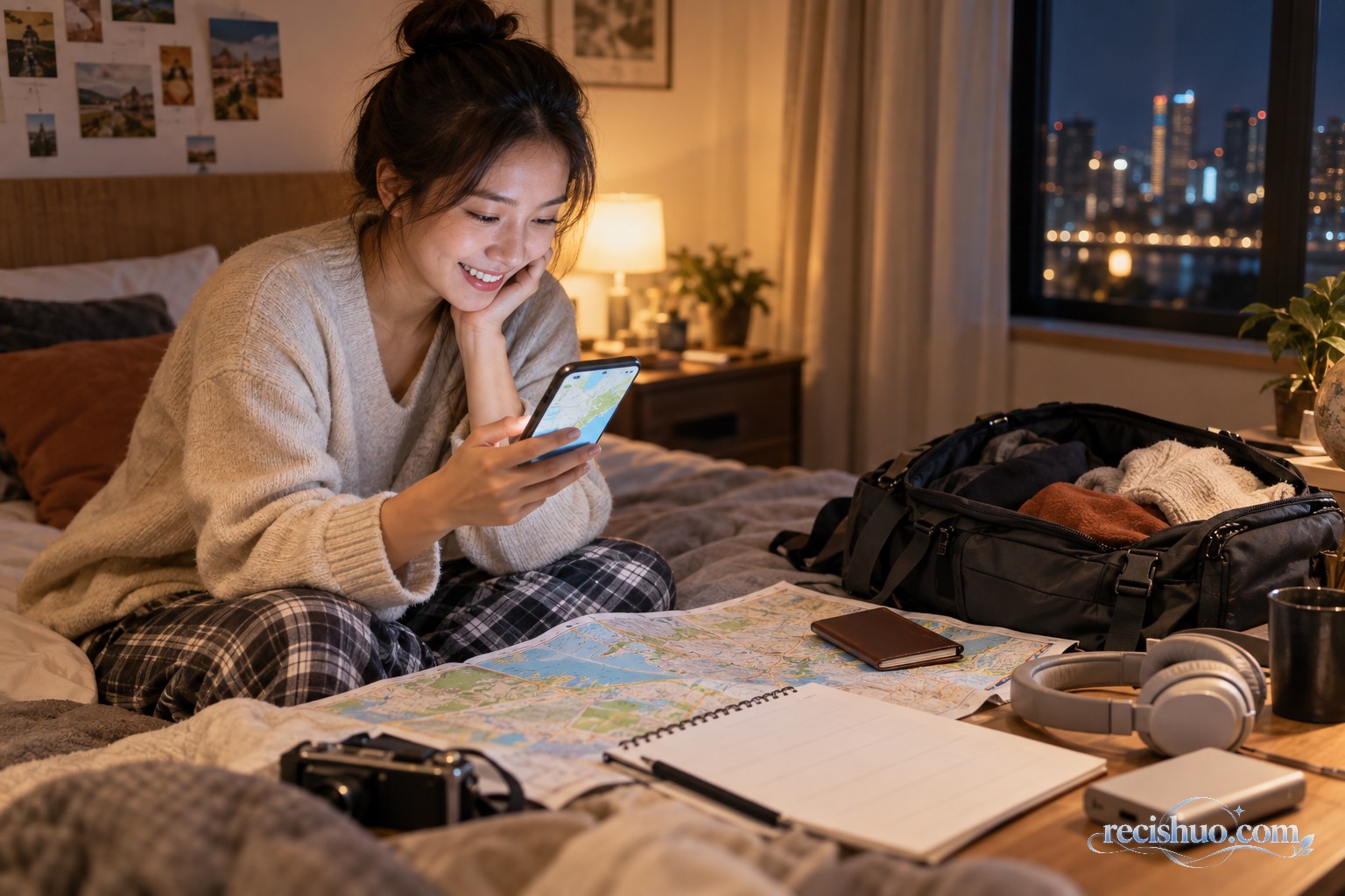 旅行者在木桌上结合纸质地图和手机规划城市游览路线