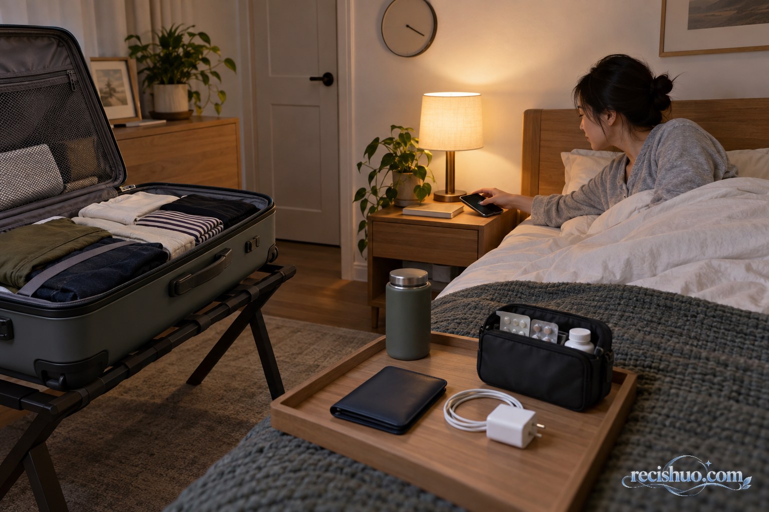 旅行者睡前放下手机,床边的行李箱和出行用品已经整理完毕
