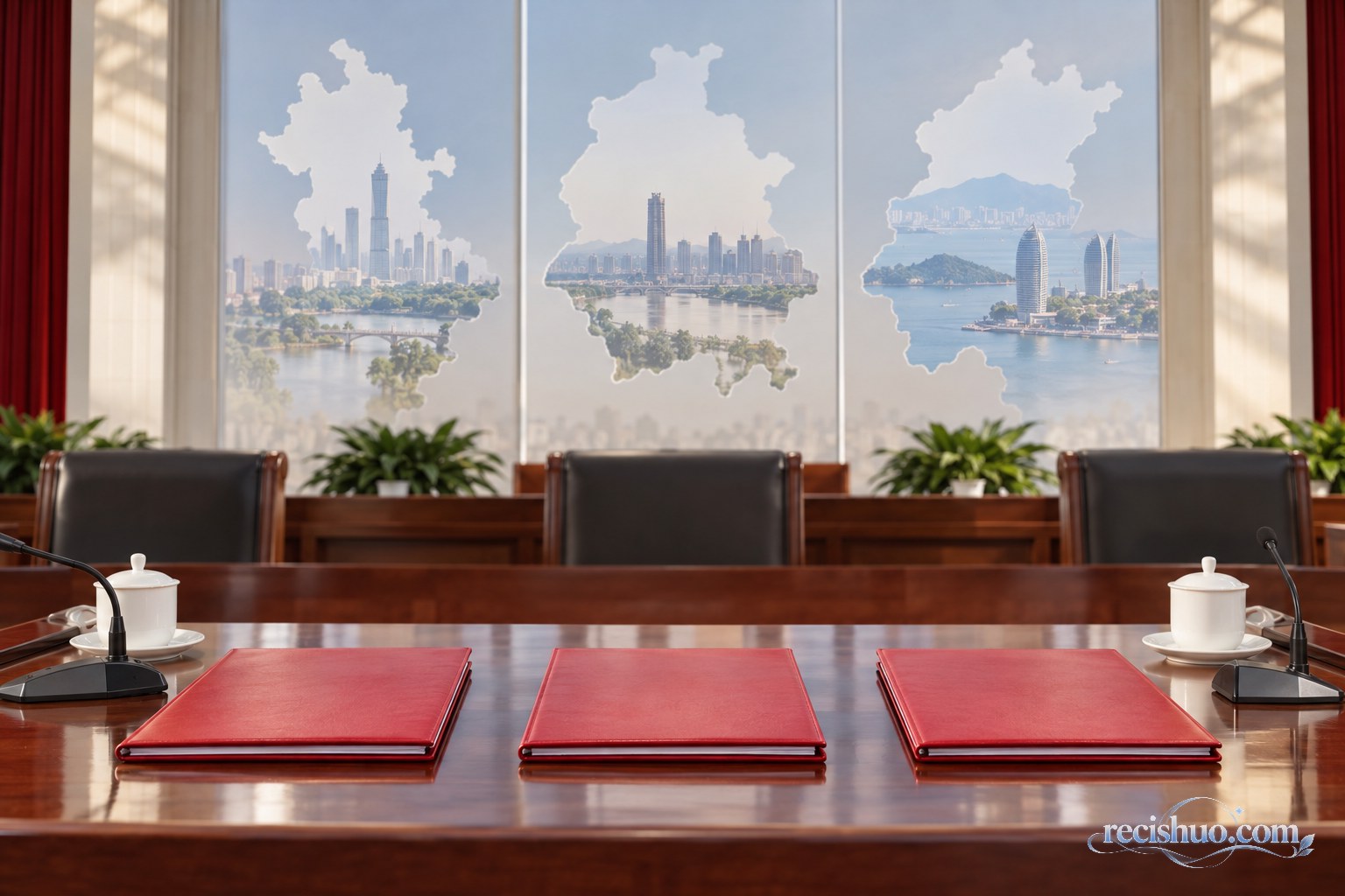 庄重会议厅内摆放三份红色文件夹,背景以三组省域轮廓和城市景观象征安徽、河南、福建