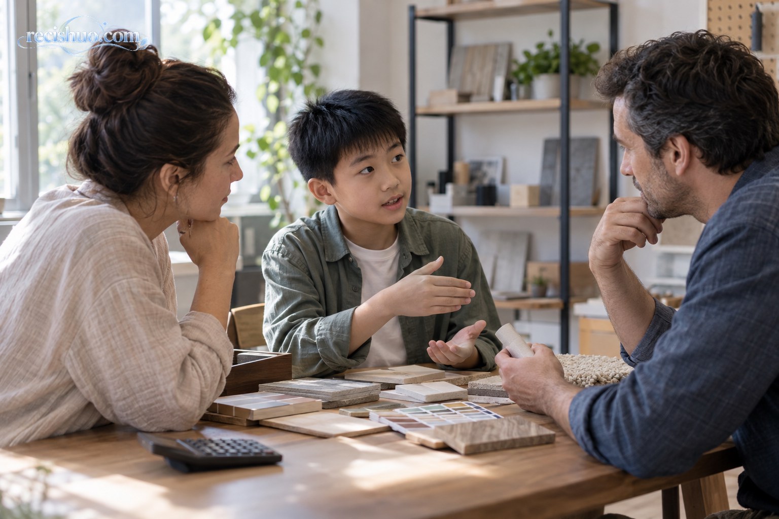 男孩在摆有家居样品的洽谈桌旁倾听并转述双方需求