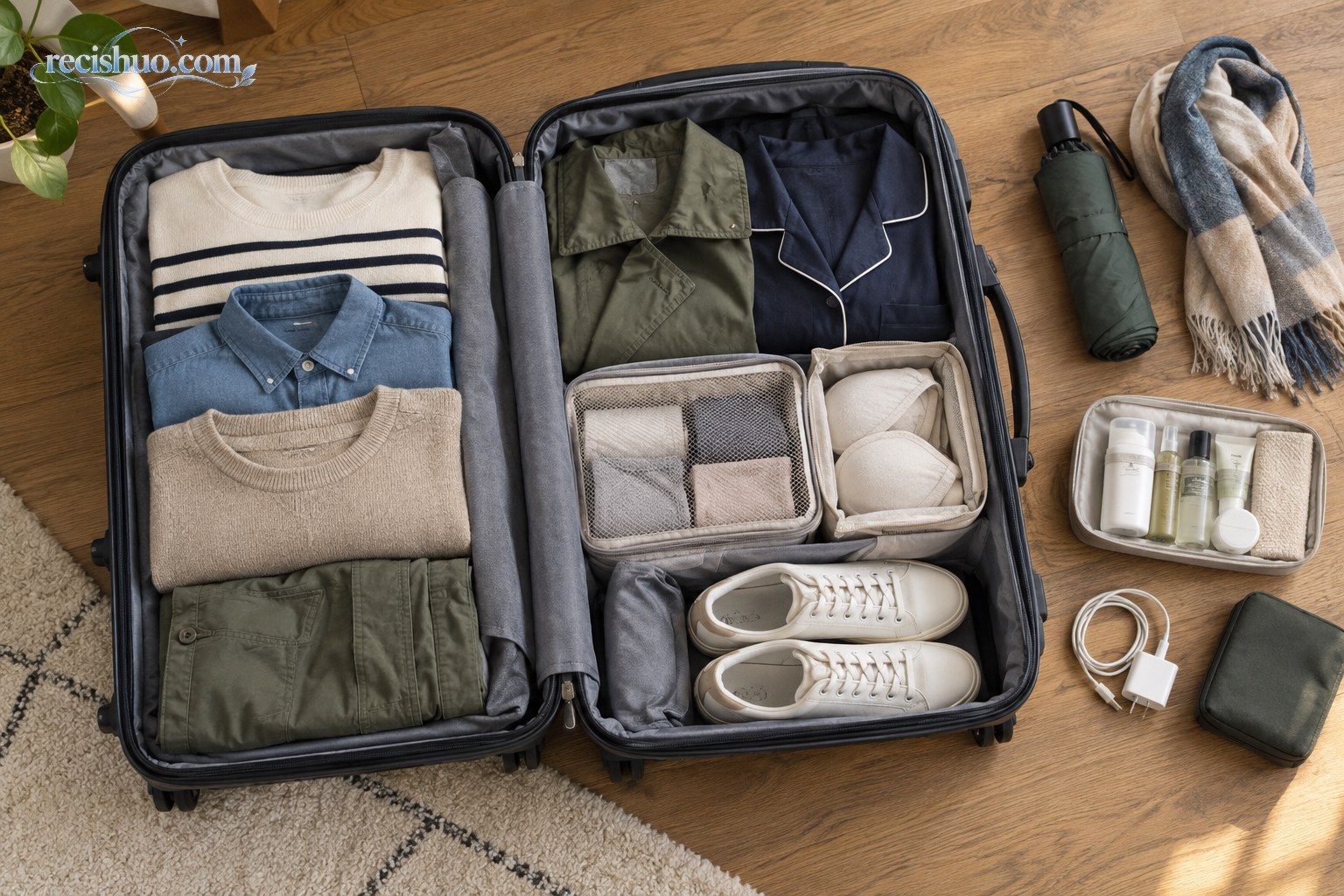 打开的旅行箱内分区收纳秋季基础服装、鞋子和随身用品