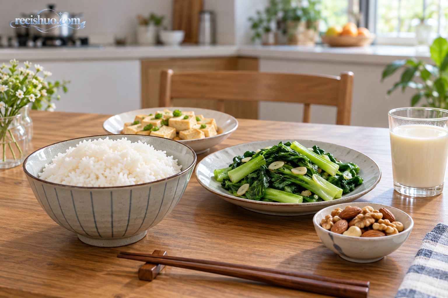 餐桌上摆放白米饭、炒青菜、豆腐、坚果和豆浆的清淡家常餐