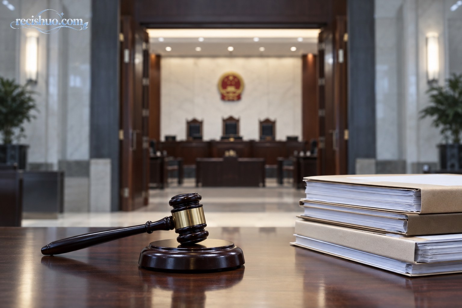 庄严法庭外的法槌与成摞案卷,体现重大刑事案件公开宣判主题
