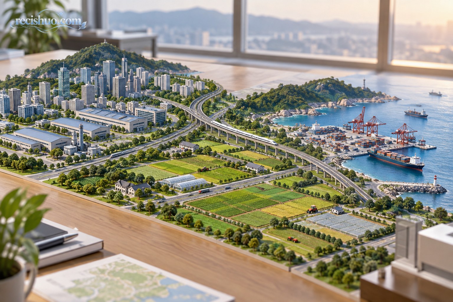 工作桌上的城市、农田、交通和港口微缩景观,象征三地发展任务相互衔接