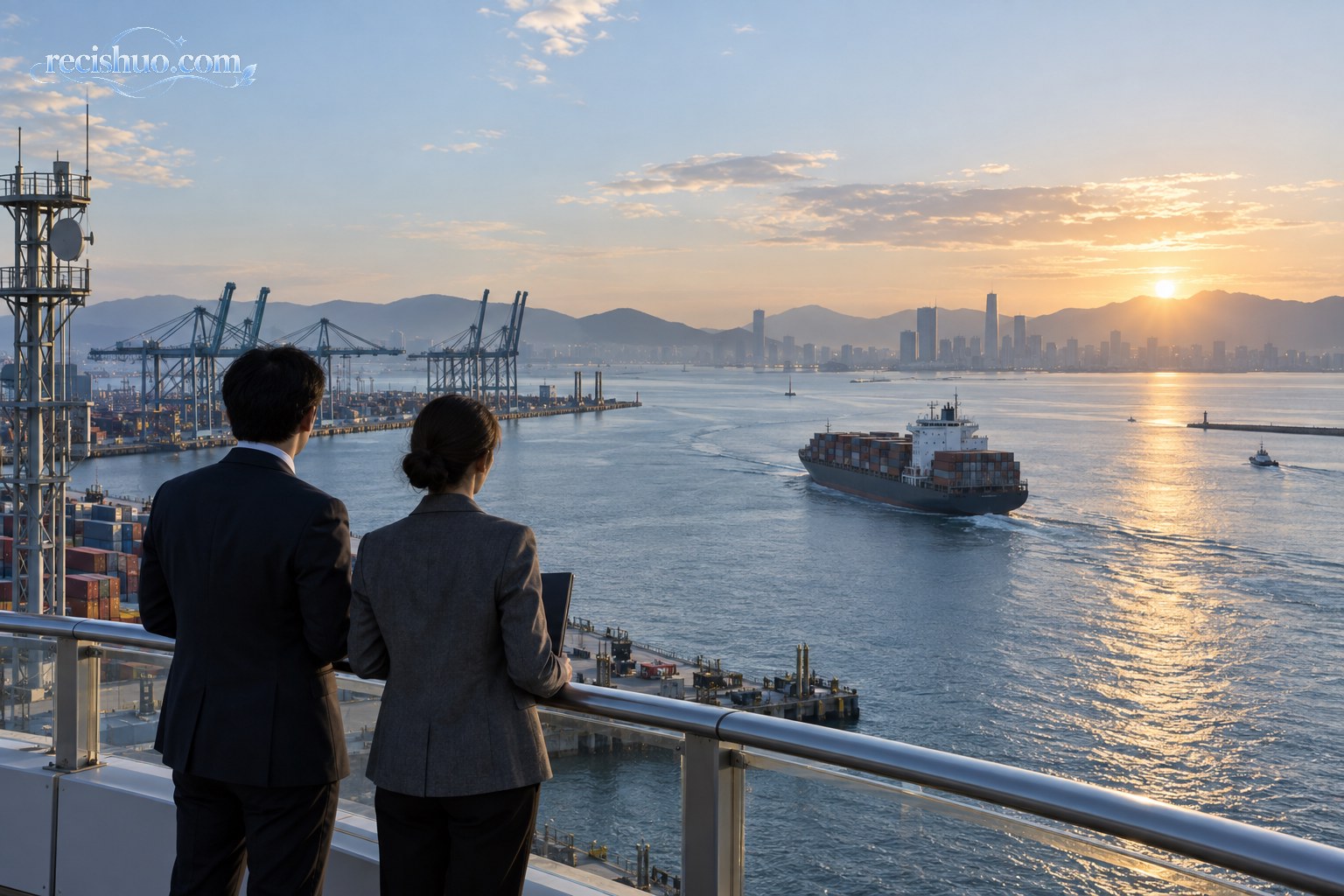 两名研究人员在港口远眺驶向海面的货轮与城市天际线