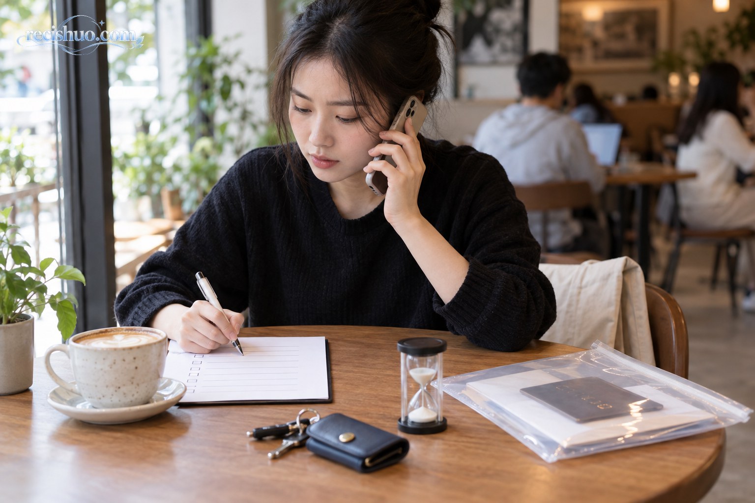 年轻女子在咖啡馆核对生活代办事项、时间和交付材料