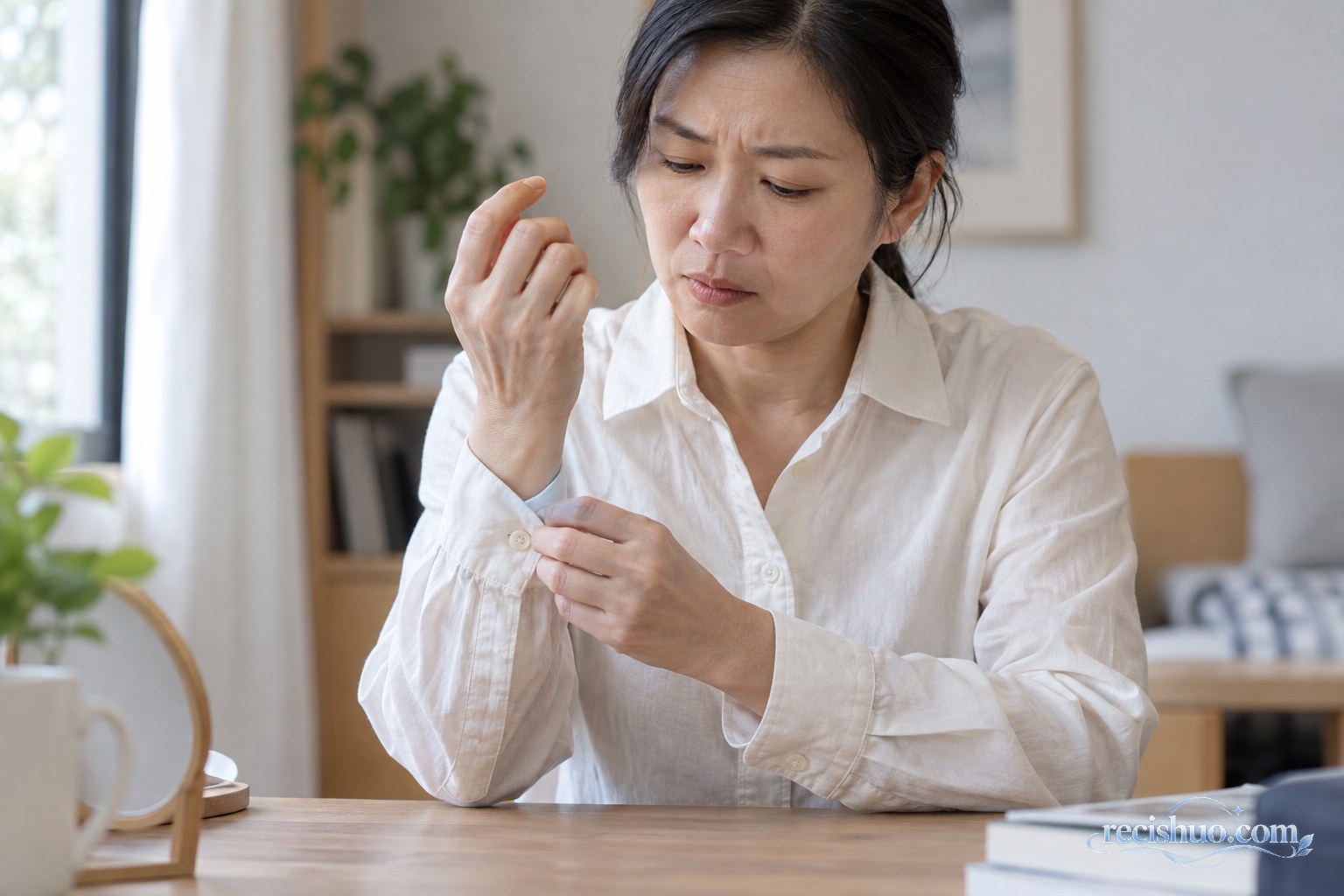 一名中年女性因手指不适而费力扣上衬衫袖口纽扣