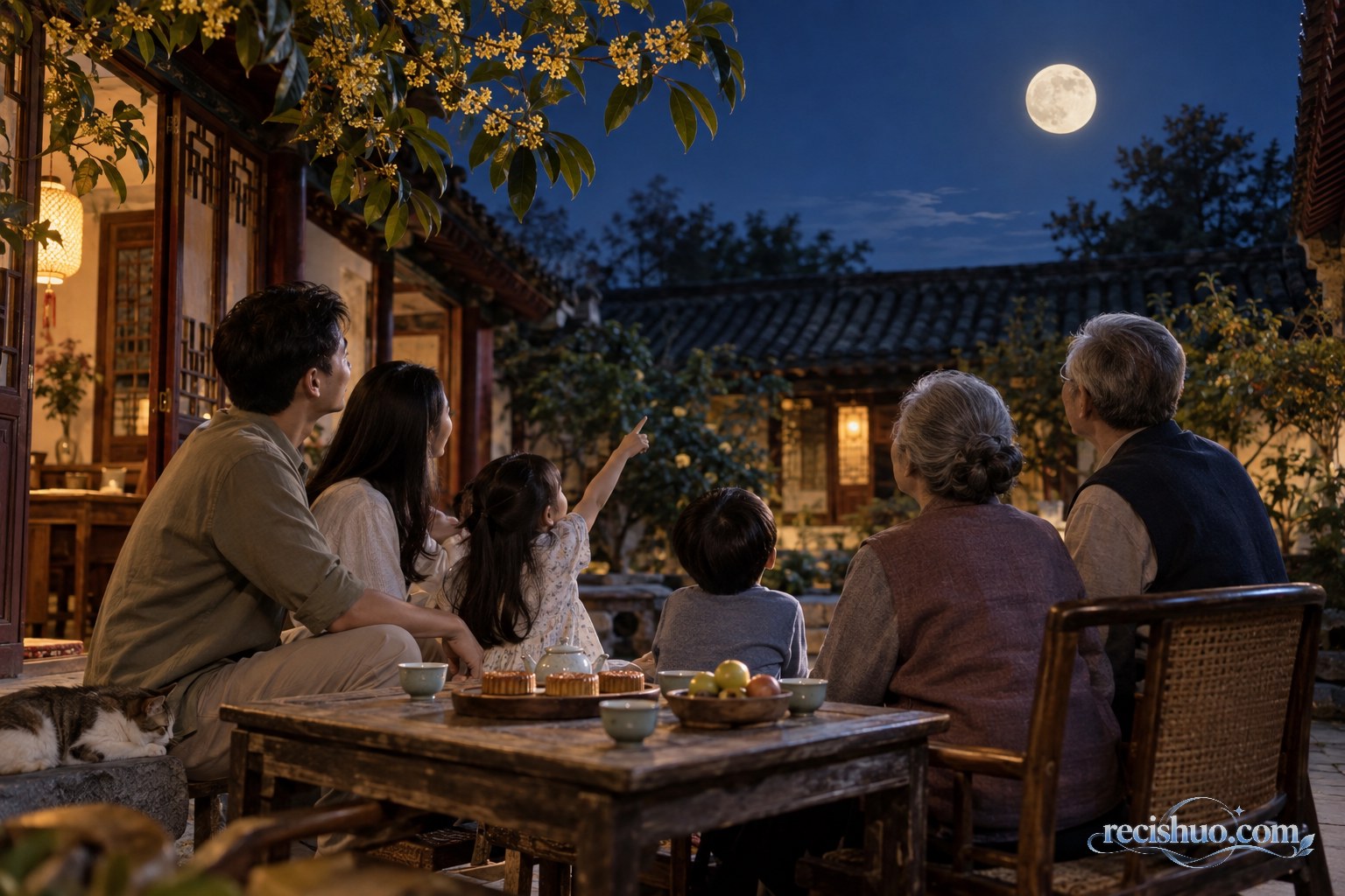 中秋夜晚,一家人在传统庭院中围坐赏月,桌上摆着月饼与茶