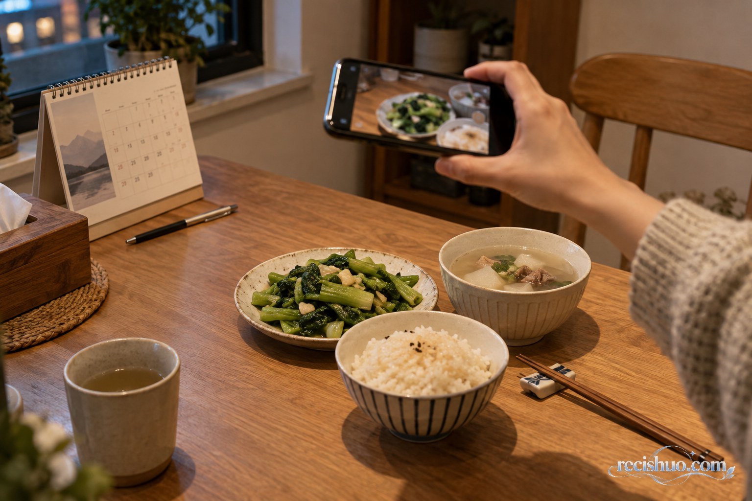 暖色餐灯下，一只手用手机拍摄米饭、蔬菜和汤组成的简单晚餐