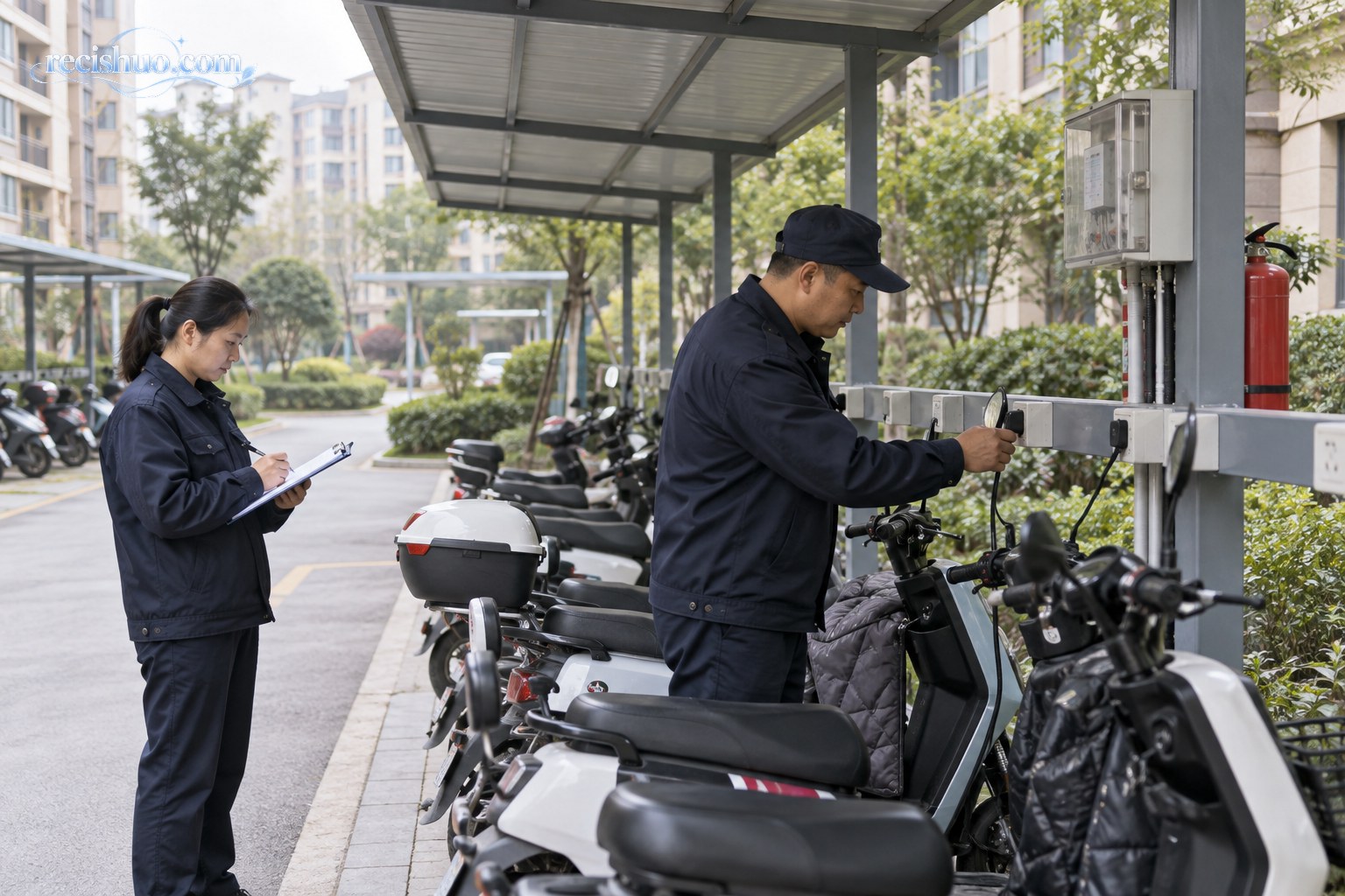 物业工作人员检查小区电动自行车充电接口、线路和消防器材