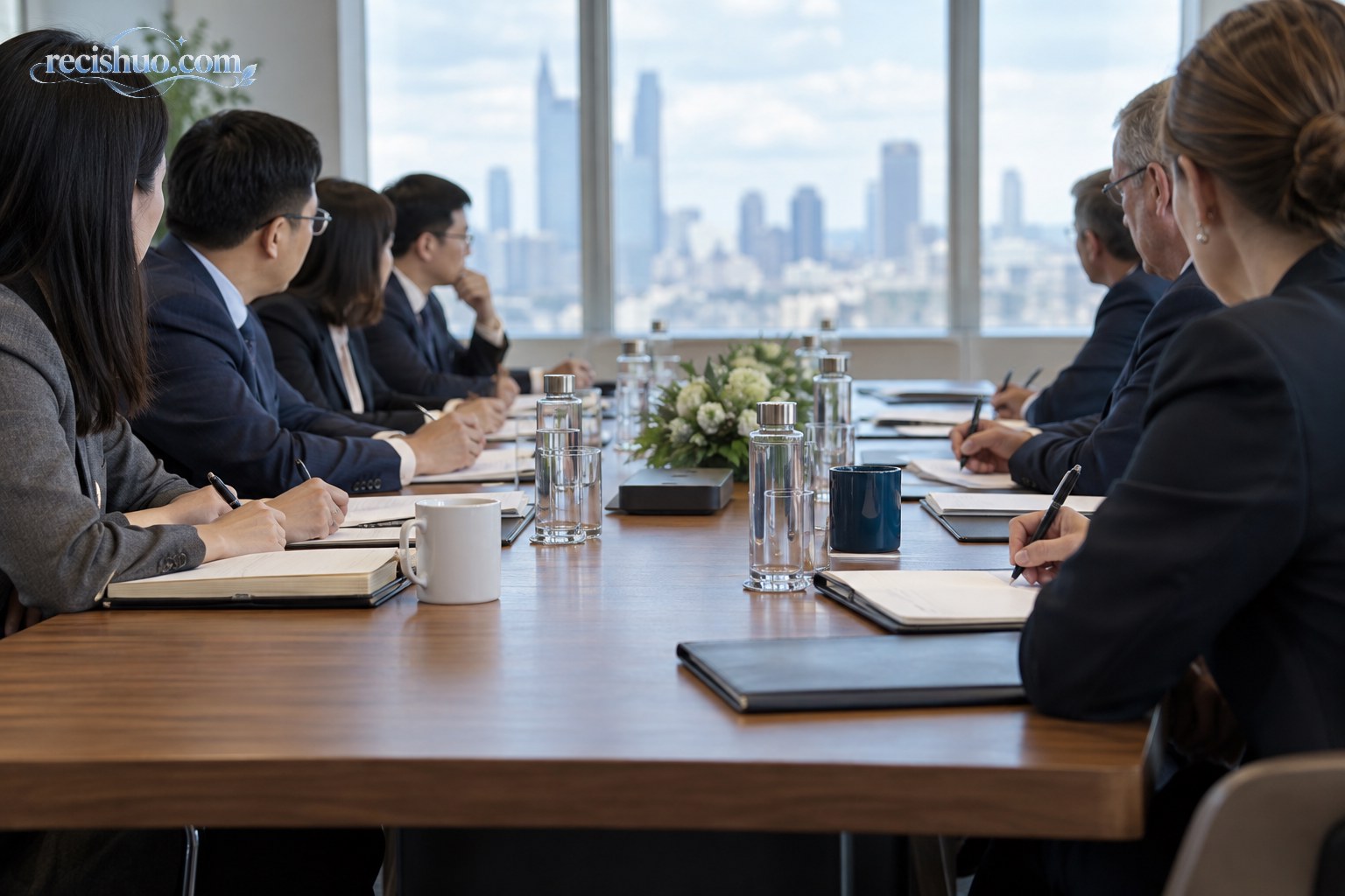 国际会议室内，两侧工作人员围桌倾听并记录讨论内容