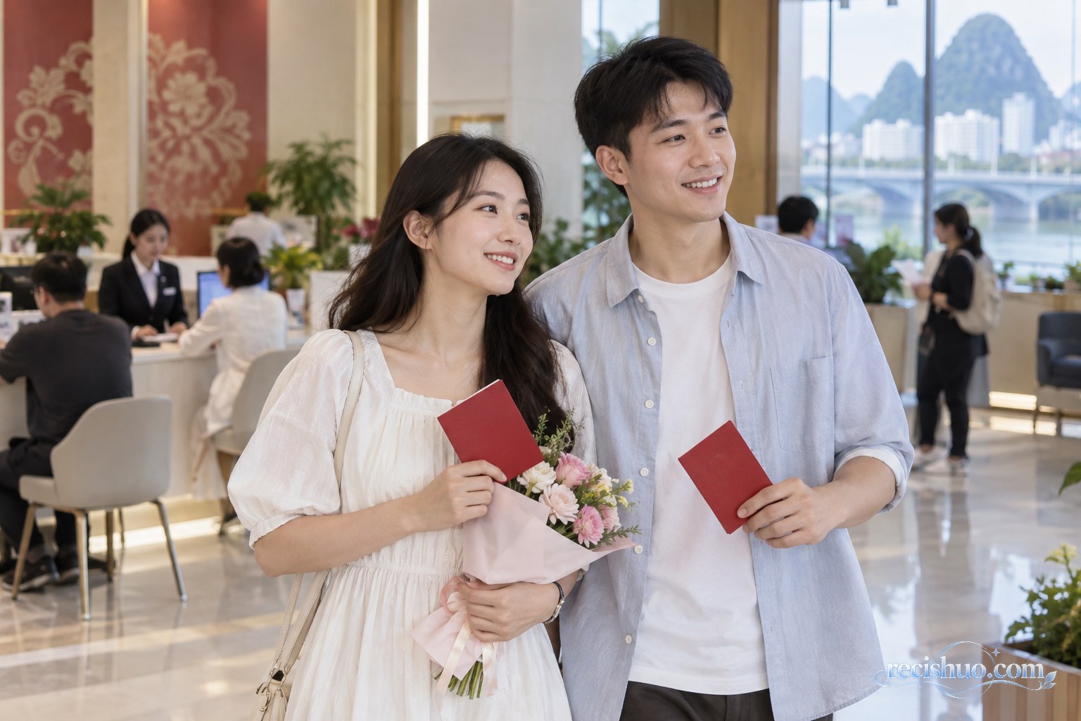 一对青年夫妻在明亮的婚姻登记服务场所手持红色证件封套