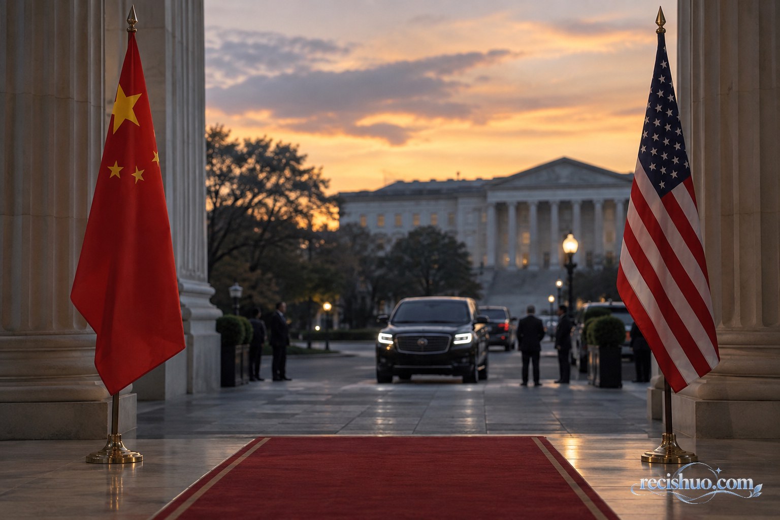 暮色中的华盛顿外交接待场景,中美国旗分列入口两侧,公务车辆驶向建筑