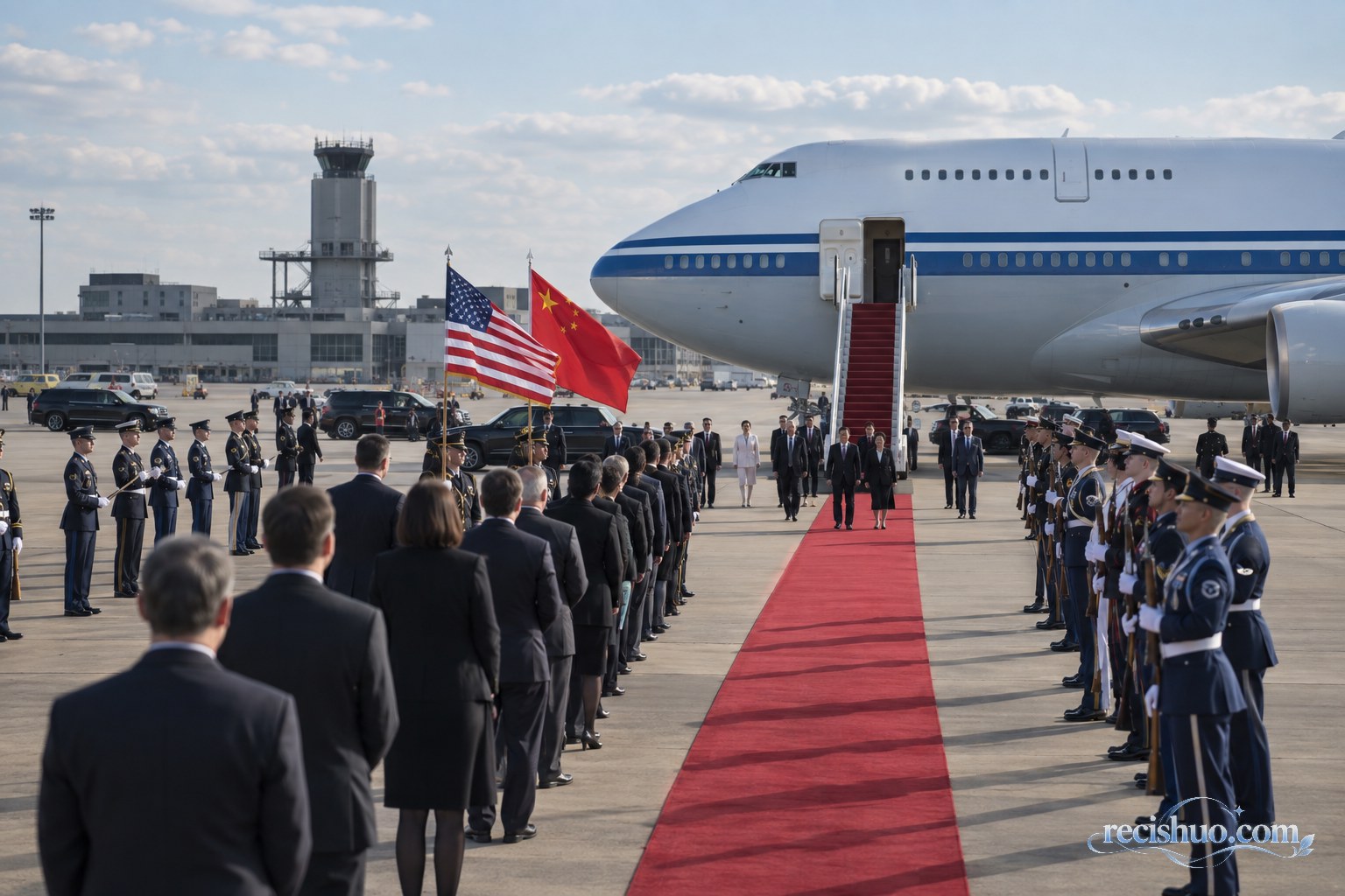 华盛顿机场国事访问迎接仪式的红地毯与专机全景示意图