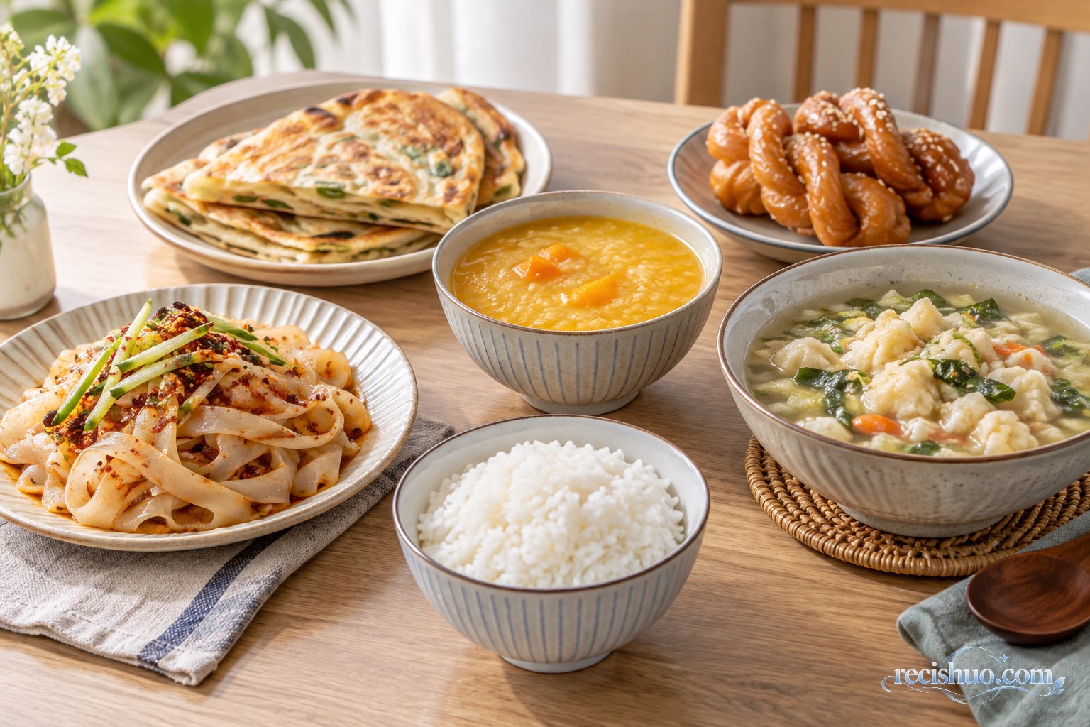 家庭餐桌上的凉皮、葱油饼、南瓜粥、疙瘩汤、糖油面食与白米饭