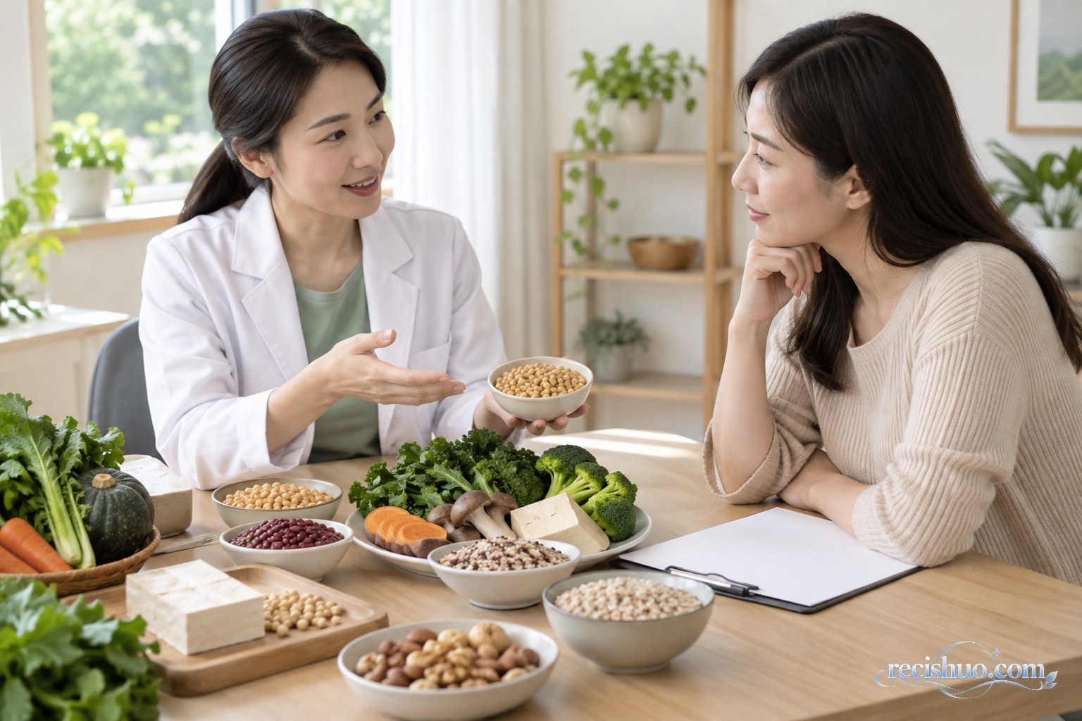 营养专业人员向女性介绍豆类、豆制品、全谷物和蔬菜的合理搭配