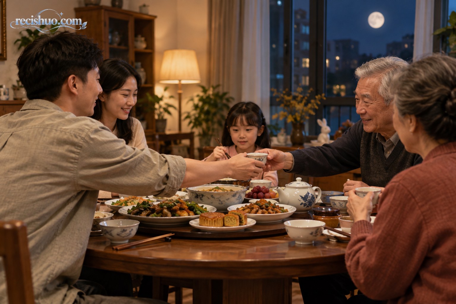 中秋夜三代家人围坐餐桌并向长辈递茶问候