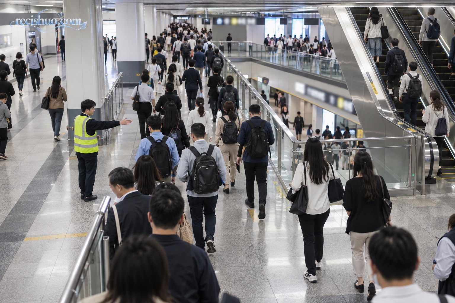 地铁换乘通道内客流较密集,现场工作人员引导乘客有序通行