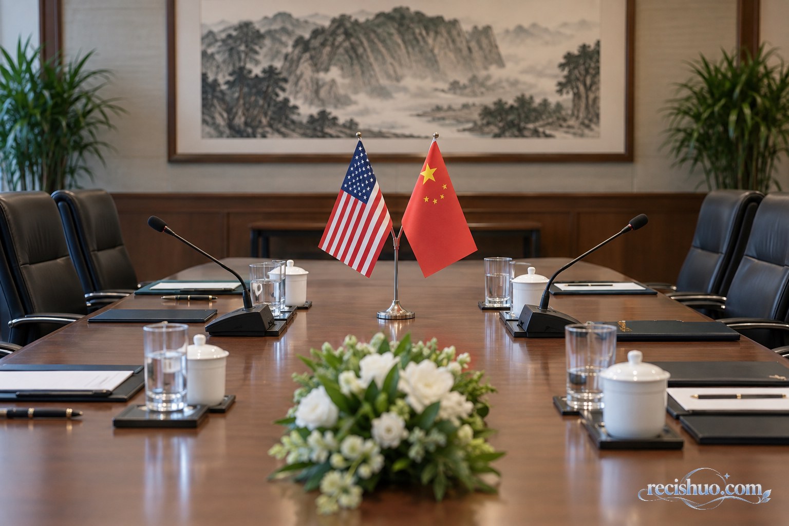 摆有中美桌旗、话筒和文件夹的空置会议桌