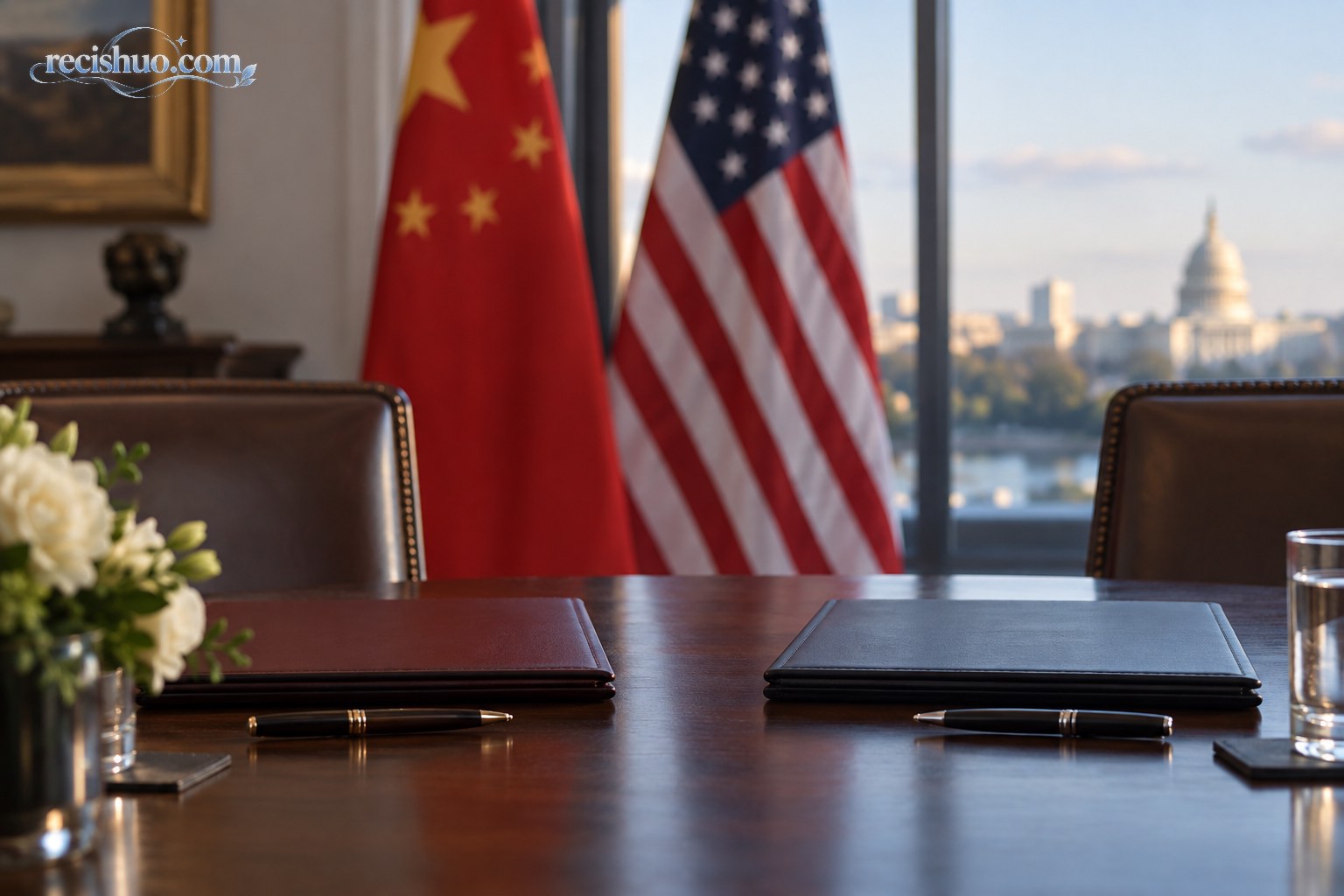 外交会晤准备室内摆放文件夹和钢笔的长桌及背景中的中美国旗