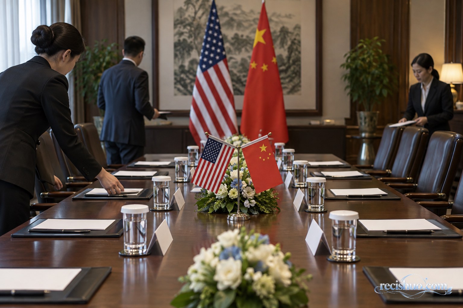 工作人员在摆有中美国旗的双边会谈室内检查会议资料与座位
